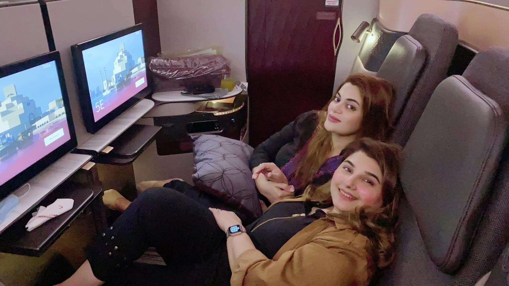 Javeria Saud having fun on the plane with her friend
