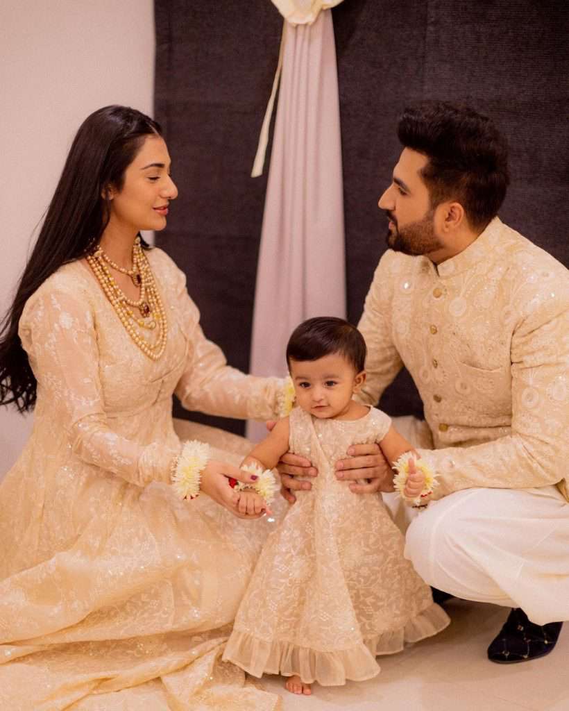 Sarah Khan and Falak Shabir twinning with daughter Alyana on second day of Eid