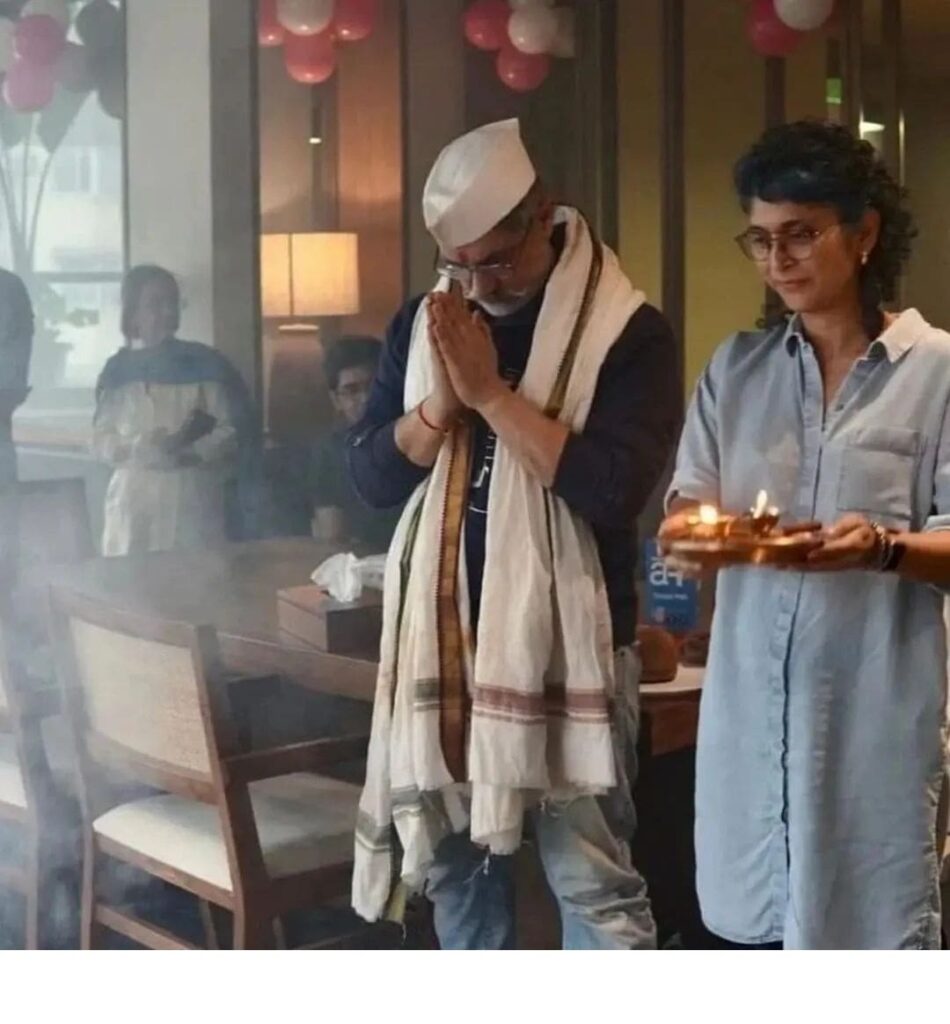 Aamir Khan performs kalash puja, Kiran Rao joins him for aarti at his office. See photos
