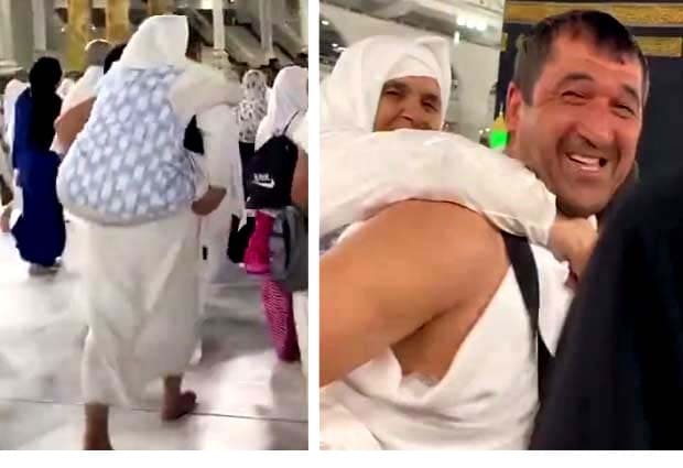 Heartwarming video of son carrying his elderly mother on his back while circumambulating 'Kaaba'