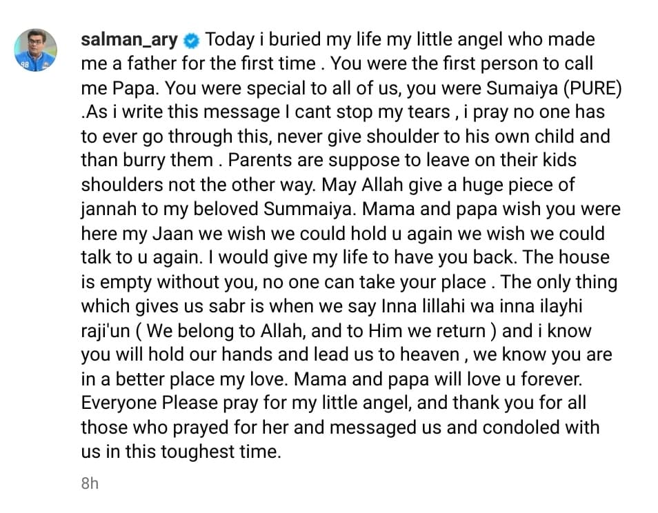 Salman Iqbal, CEO of ARY, Expresses Heartfelt Words About His Late Daughter